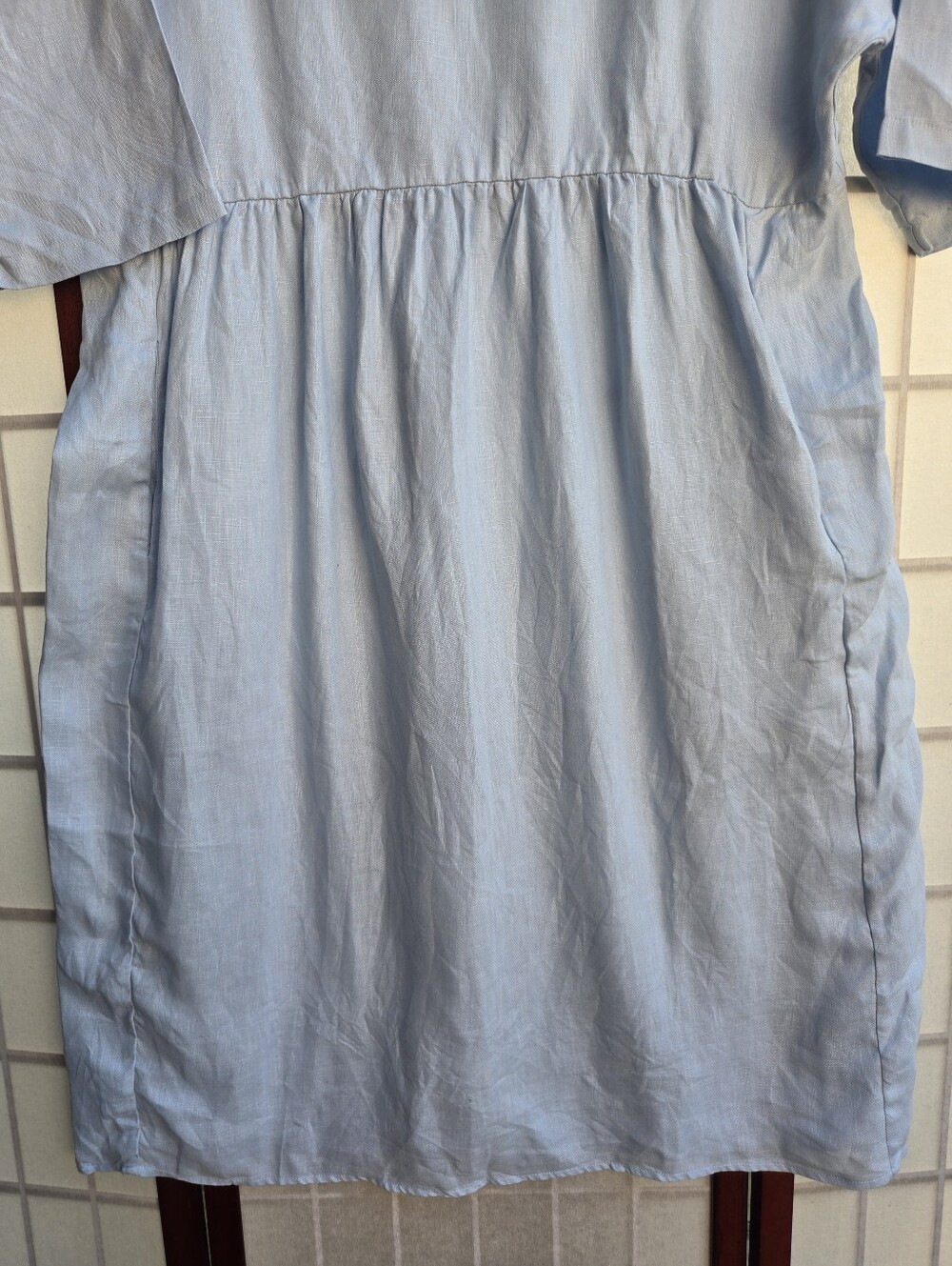 LINTICO 100% Linen Light Blue Babydoll Midi Dress Coastal Grandma Cottagecore M - Picture 9 of 12